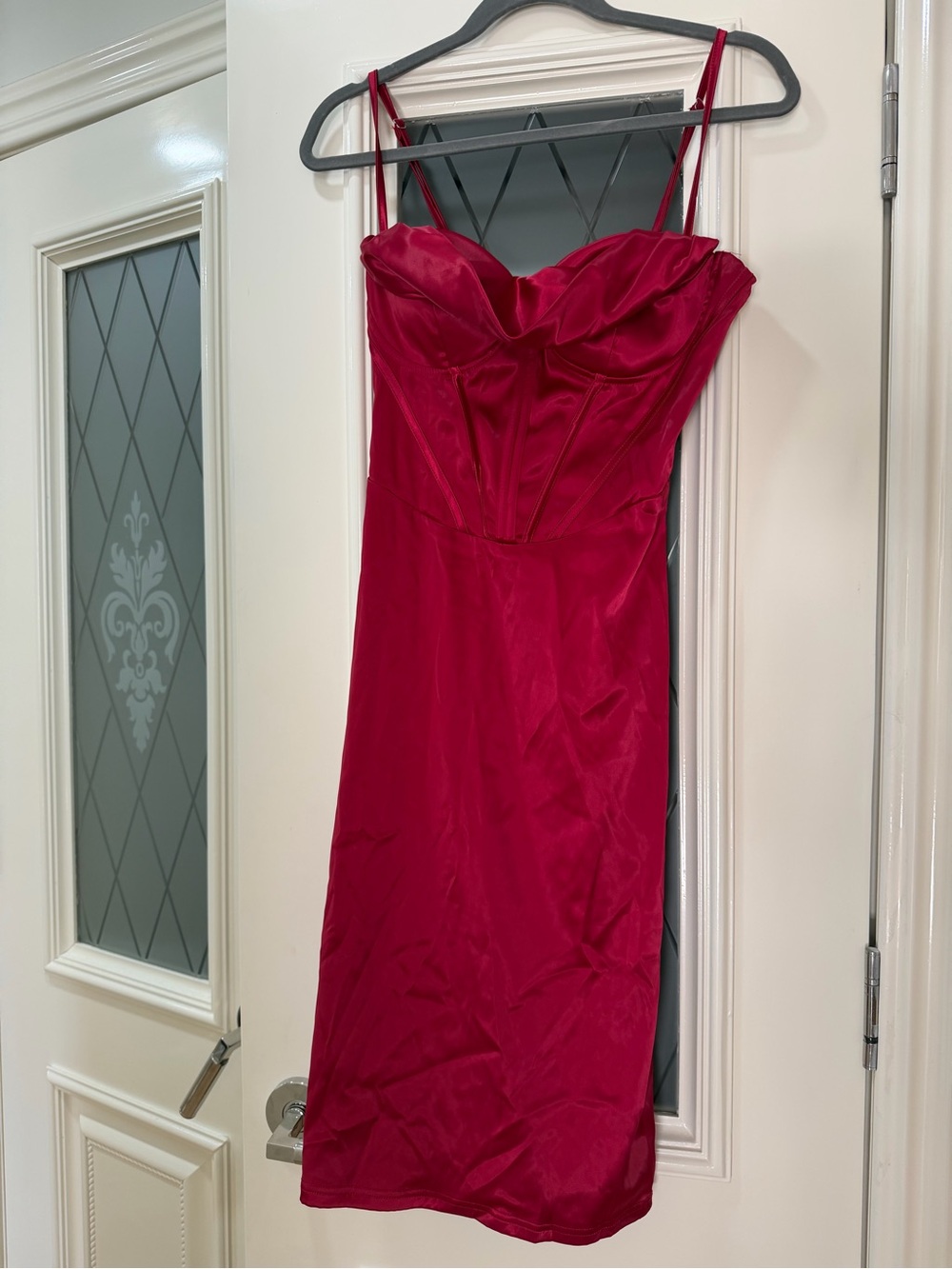 Red Satin Spaghetti-Strap Midi Dress